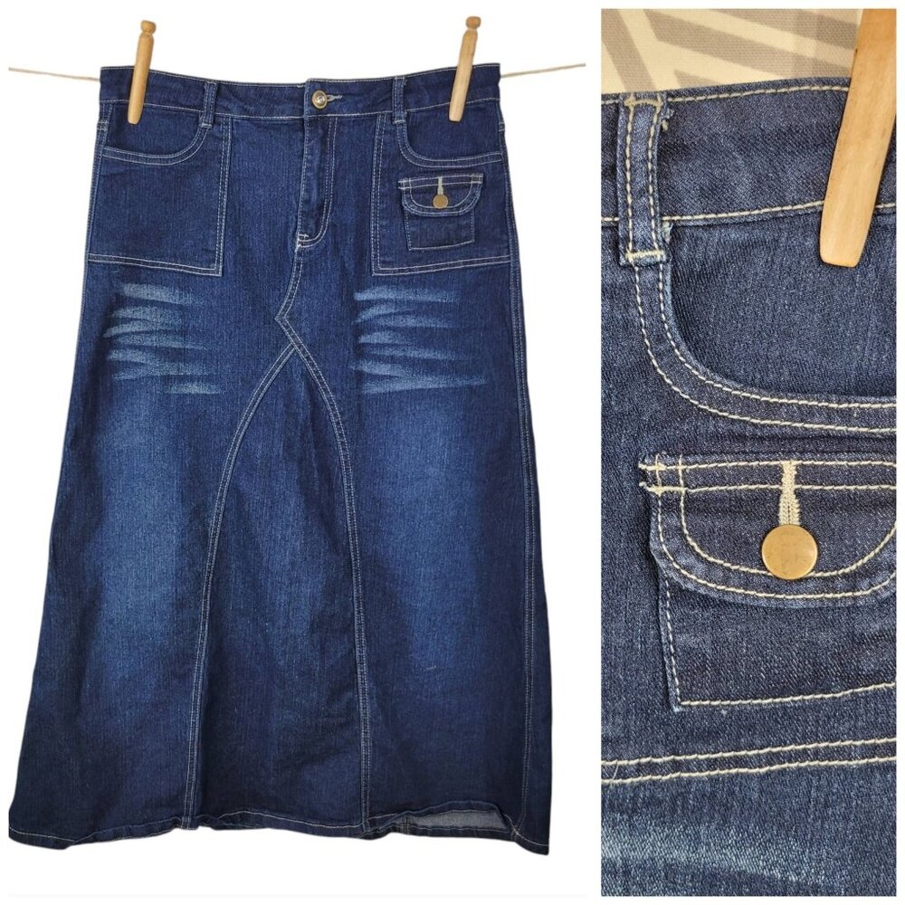 Vtg Denim Skirt Junior 16 (12/14) 32" Waist Jean Modest Long Midi Zip Pocket Alt